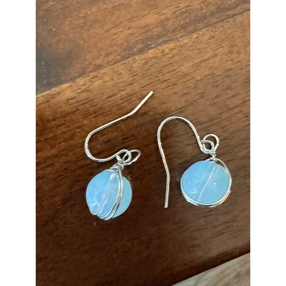 Very Light Blue Ball Earrings with Silver Tone Accents Women Bohochic Style‎
